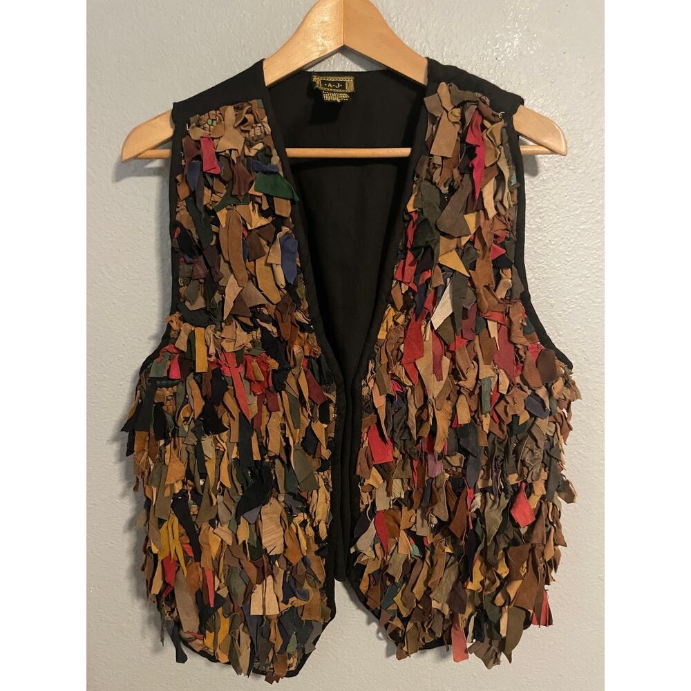 Vintage AJ Vest Womens Small Multicolor Leather Fringe Open Front Hippie Artsy